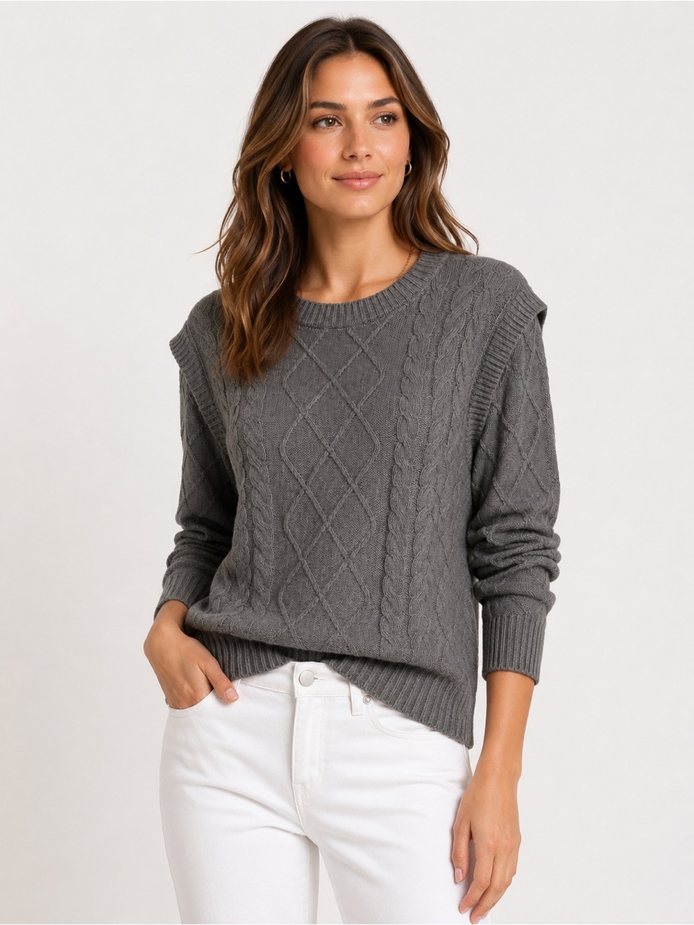 RAYA by Cyrus Gray Cable Knit Ruffle‎ Shoulder Sweater Women’s Small Cozy